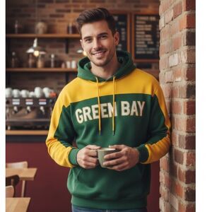 Green Bay Packers Hoodie Sweatshirt Green Yellow Big Block Letters Mens Sz L